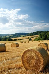 The South Downs in Sussex present a summer scene with hay bales in a freshly cut field