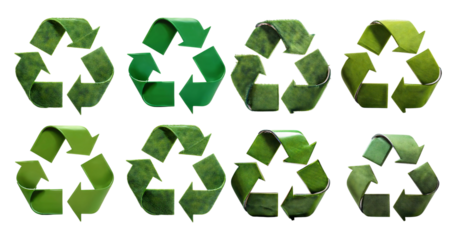 Collection of Green Recycling Symbols with Various Designs and Textures, isolated on transparent background