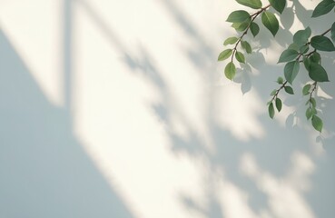 Delicate play of light, shadow on white wall. Silhouettes of leaves, branches create nature ornament. Sunny sunshine day time with calm relaxing mood, blank minimalistic copy space. Mockup background.