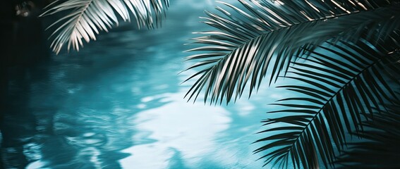 This mockup design captures the essence of tropical summer with Aqua waves and coconut palm shadows on a blue background, presenting a water pool texture from the top, perfect for showcasing a luxury