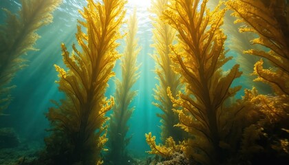 Underwater kelp forest illuminated by sunlight creates golden rays. Vibrant marine ecosystem underwater with algae, seaweed. Tranquil ocean floor with aquatic flora, depth, submerged nature beauty,