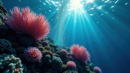Sunlight shining on pink coral releasing bubbles in an underwater marine ecosystem	