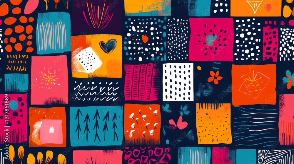 Poster bright and playful seamless pattern collection with colorful doodles and basic shapes