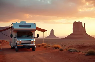 Gardinen RV parked in desert landscape during sunset. Camping car adventure, vacation trip. Road trip in campervan at Monument Valley, Arizona, USA. Classic american travel lifestyle. © Vadym