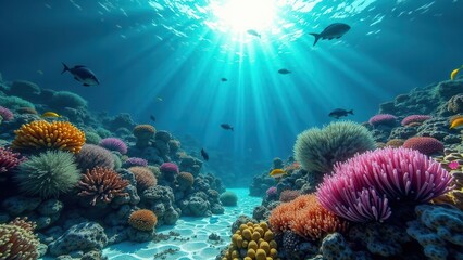 Obraz premium Sunlight shining through ocean water over a coral reef with fish swimming above 