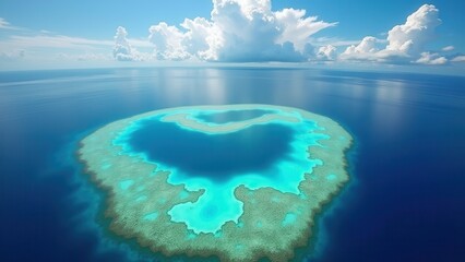 Obraz premium Aerial view of a tropical coral atoll surrounded by clear blue ocean waters 