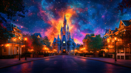 Fototapeta premium Magical night scene at the castle. A breathtaking view of a fairytale castle under a vibrant night sky, illuminated by warm streetlights