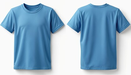 Blue kids T-shirt mock up, front and back view, isolated on white. Plain light blue shirt mockup template. Blank tee for sublimation print or logo design demonstration. Apparel concept.