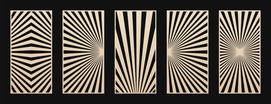 Vector set of trendy laser cut panels. Stencils with geometric pattern, diagonal lines, stripes, sunburst. Decorative template for laser, CNC cutting of wood, metal, plywood, paper. Aspect ratio 1:2