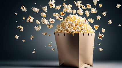 Paper bag with cinema popcorn flying in the air on pastel gradient background.