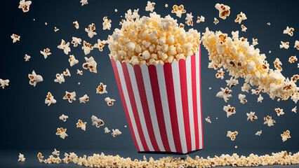 Paper bag with cinema popcorn flying in the air on pastel gradient background.