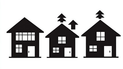 Fototapeta premium Three stylized black houses with varying designs and trees on rooftops, ideal for illustrations