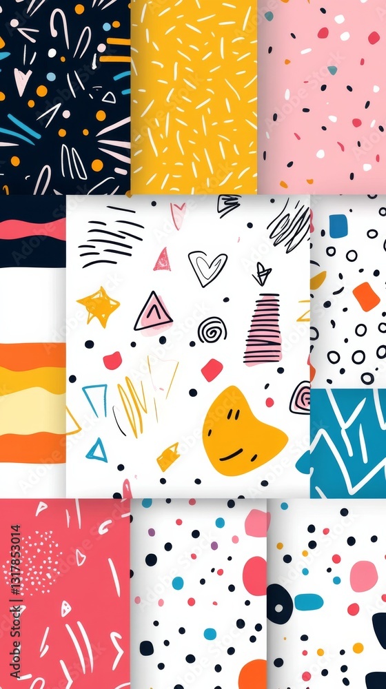 Poster bright and playful seamless pattern collection with colorful doodles and basic shapes