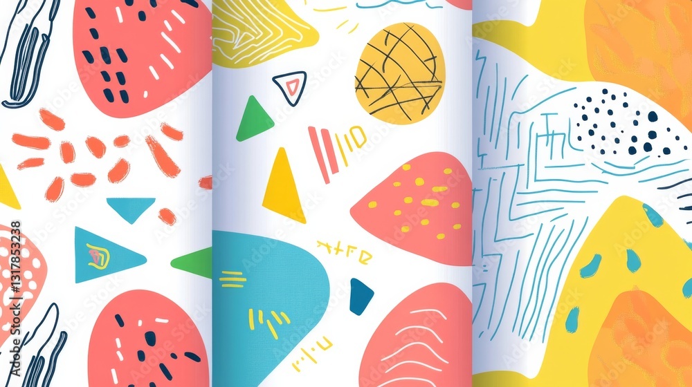 Poster bright and playful seamless pattern collection with colorful doodles and basic shapes