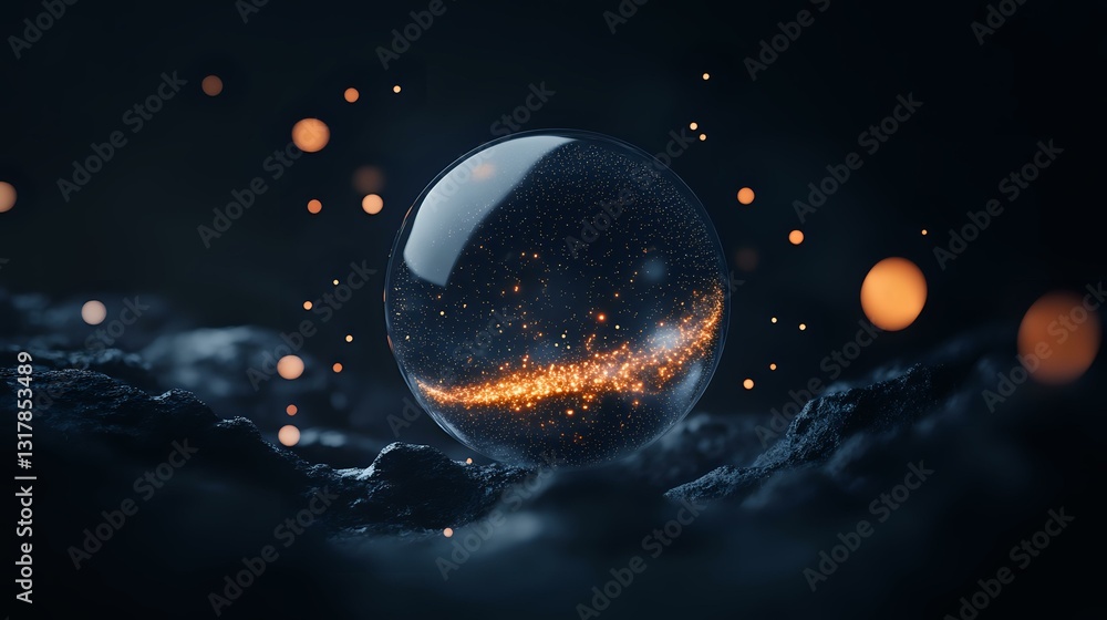 Poster mystical glass sphere with glowing orange light streak floating among dark clouds and bokeh particle