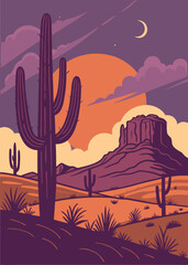 Saguaro National Park, Arizona, USA. Vector illustration. dramatic style vintage