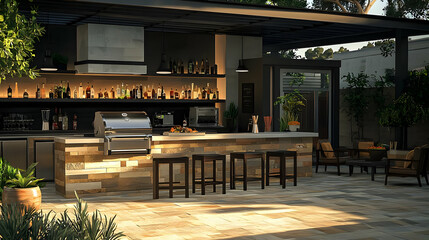 Obraz premium Luxurious Modern Outdoor Kitchen With Stone Countertops And Bar Stools During Golden Hour On A Patio With Lush Plants