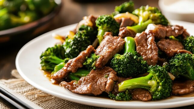 Savory beef stir fry with fresh broccoli and colorful vegetables served on a white plate in a cozy dining setting