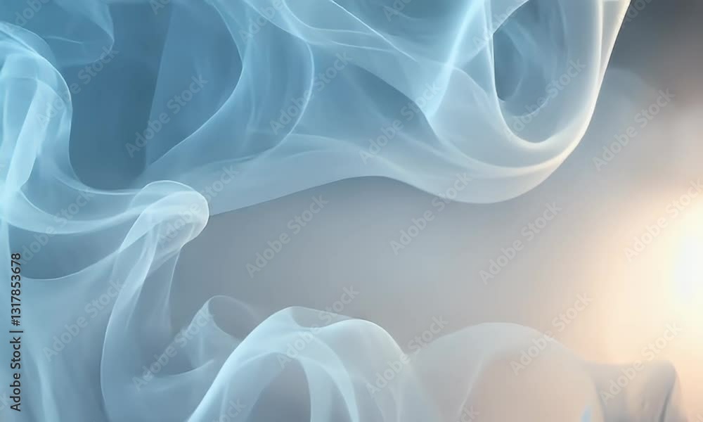 Poster abstract smoke waves on pale background in blue and white with smooth flowing curves and modern desi
