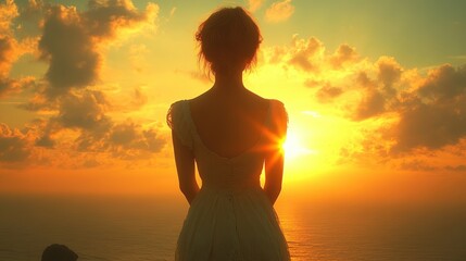 Woman Contemplating Sunrise Over Ocean