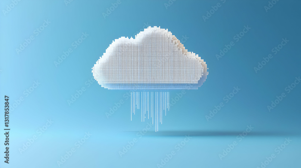 Poster pixelated cloud with digital rain on blue studio background 3d rendering depicting data transfer
