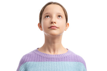 A young girl with a thoughtful expression, wearing a purple and blue sweater, gazing upwards...