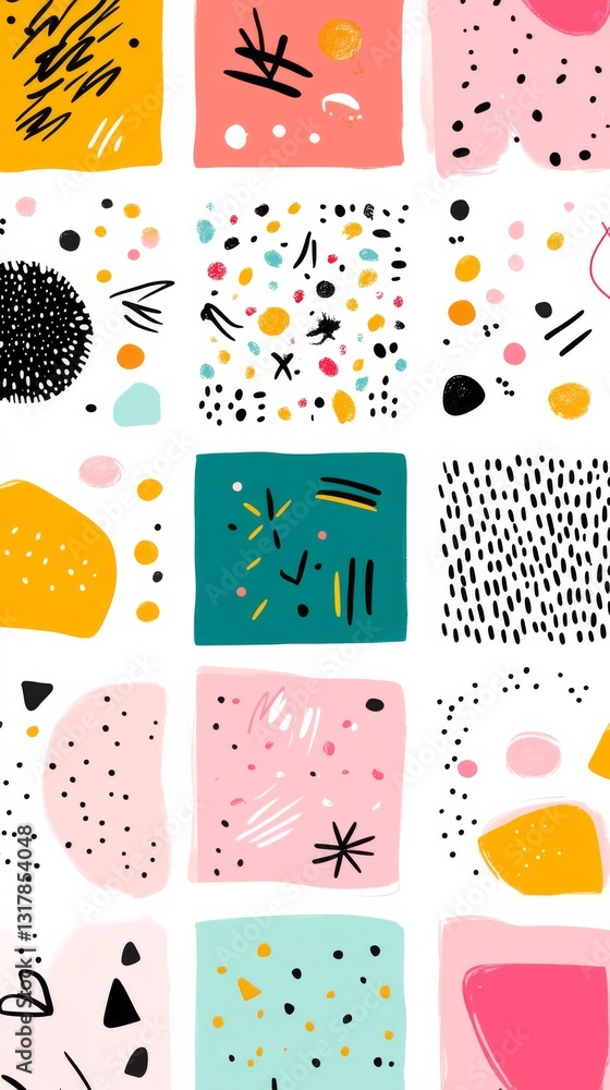 Poster bright and playful seamless pattern collection with colorful doodles and basic shapes