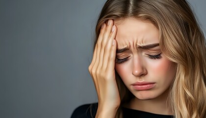 Obraz premium Young woman with blonde hair experiencing intense headache or migraine pain, holding head with hand against gray background, showing emotional distress and discomfort.