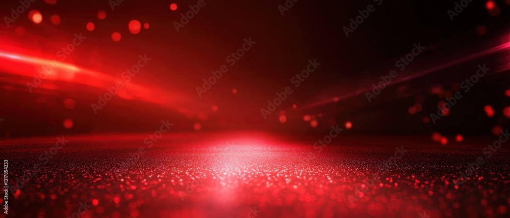 Poster red glitter background with sparkling light rays and bokeh
