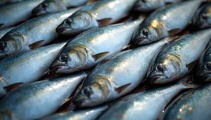Fototapeta premium Fresh raw mackerel fish lies next to symmetrically on background. Seafood cooking ingredient flat lay, healthy balanced diet, tasty sea fish dish. Preparing food, restaurant supplier, market showcase.