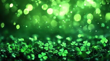 Fototapeta premium Vibrant green clovers shimmering under soft light create a magical atmosphere full of life and freshness in a lush forest setting