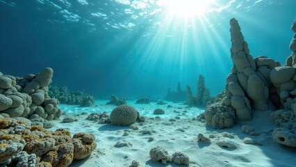 Obraz premium Sunlight shining on a damaged coral reef with bleached corals and sandy ocean floor 