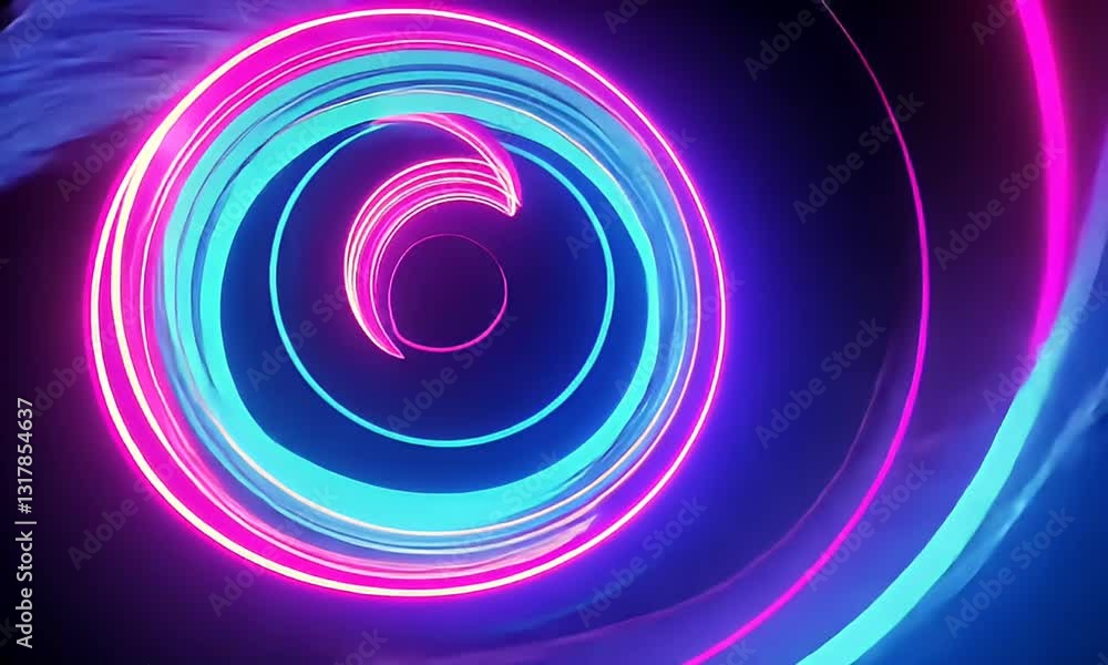 Poster abstract spiral tunnel of neon lights glowing in pink and blue with dynamic vortex effect on dark ba