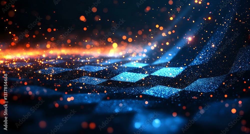 Poster glowing blue and orange checkered surface with magical sparkles and bokeh lights creating mystical a