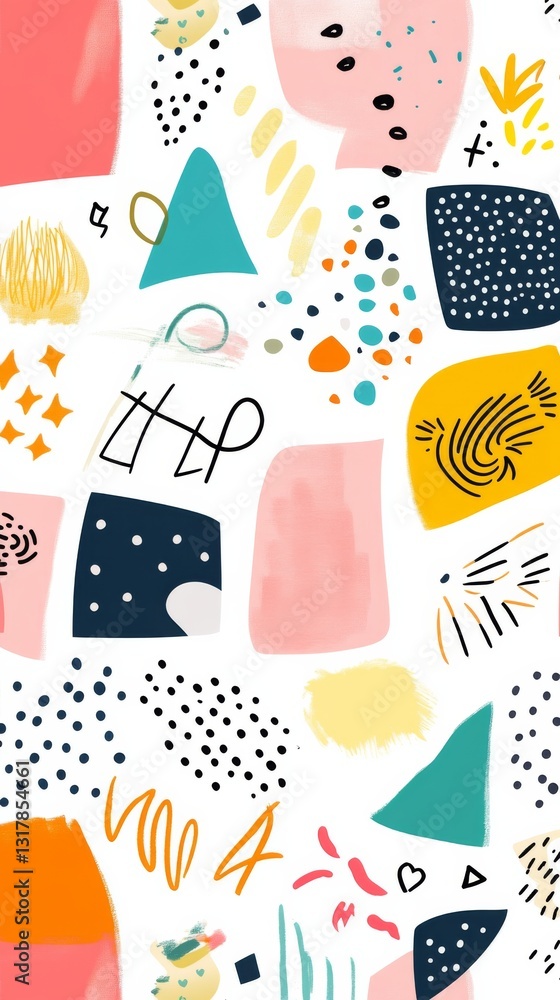 Poster bright and playful seamless pattern collection with colorful doodles and basic shapes