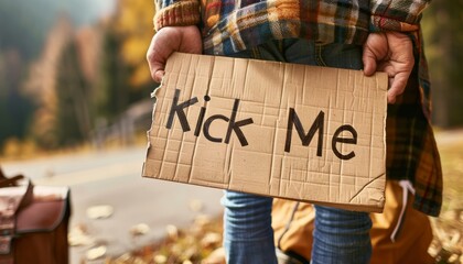 Individual displaying a  kick me  sign affixed to their back in a humorous scenario