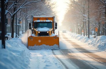 Snowplow removes snow from street in cold urban winter during snowfall. Cityscape view of seasonal snow removal, icy road cleanup by yellow municipal service truck.
