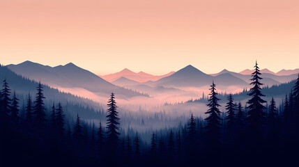 Obraz premium Misty mountain range at dawn. Lush forest silhouettes line the valley. Sunrise hues paint the sky