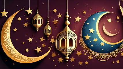 Lanterns set. Islamic lamps with stars decoration. Muslim ornament elements on white background.
