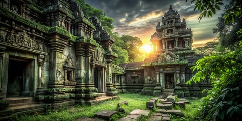 Obraz premium Ancient Sri Lankan Temple Ruins at Dawn, Mystical Atmosphere, Spiritual Serenity