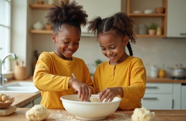 Happy African American kids baking together. Girl, boy mix dough with flour in bowl. Children cooking, having fun in kitchen. Siblings spend leisure time at home. Childhood, happiness, family concept.