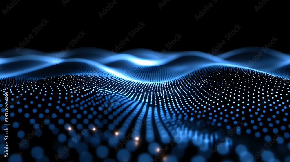 Poster abstract blue glowing wave of connected dots and particles on dark background, digital technology ne