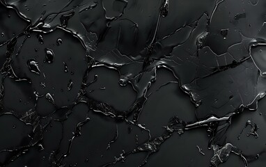 Dark textured abstract background with black paint strokes and glossy surface creating dramatic shadows and depth. Suitable for luxury branding and modern design projects.