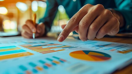 Fototapeta premium Detailed Analysis of Business Charts and Graphs on a Table Surface