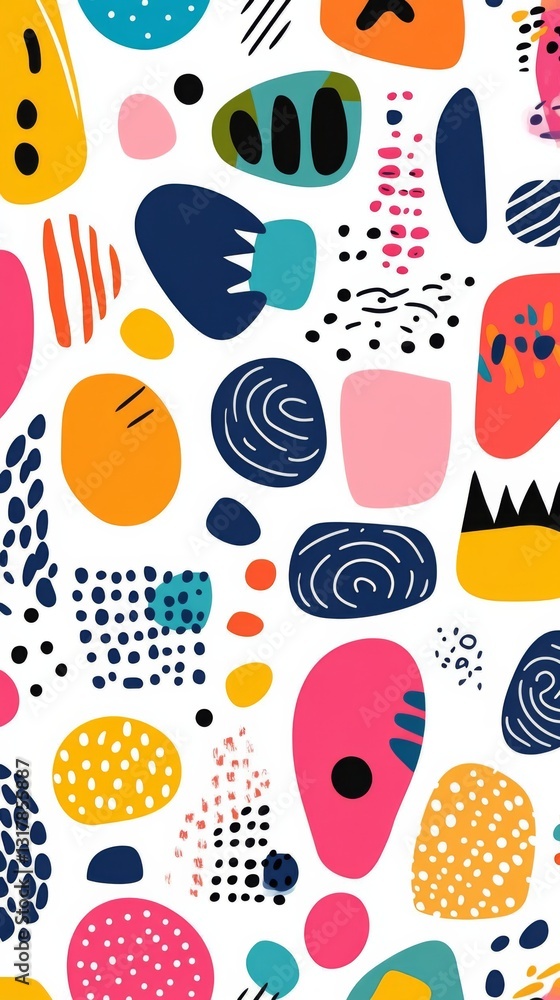 Poster bright and playful seamless pattern collection with colorful doodles and basic shapes