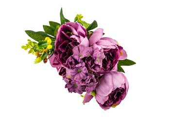 Artificial Fabric Plastic Colorful Flowers Wedding Bouquet Valentine's Day Home Decoration. Artificial Rose Bouquet Isolated on White Background. A bouquet of artificial pink and yellow roses.