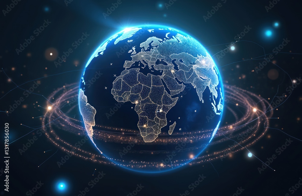 Poster tech earth globalization concept. digital blue planet wireframe sphere glows in cyberspace network. 
