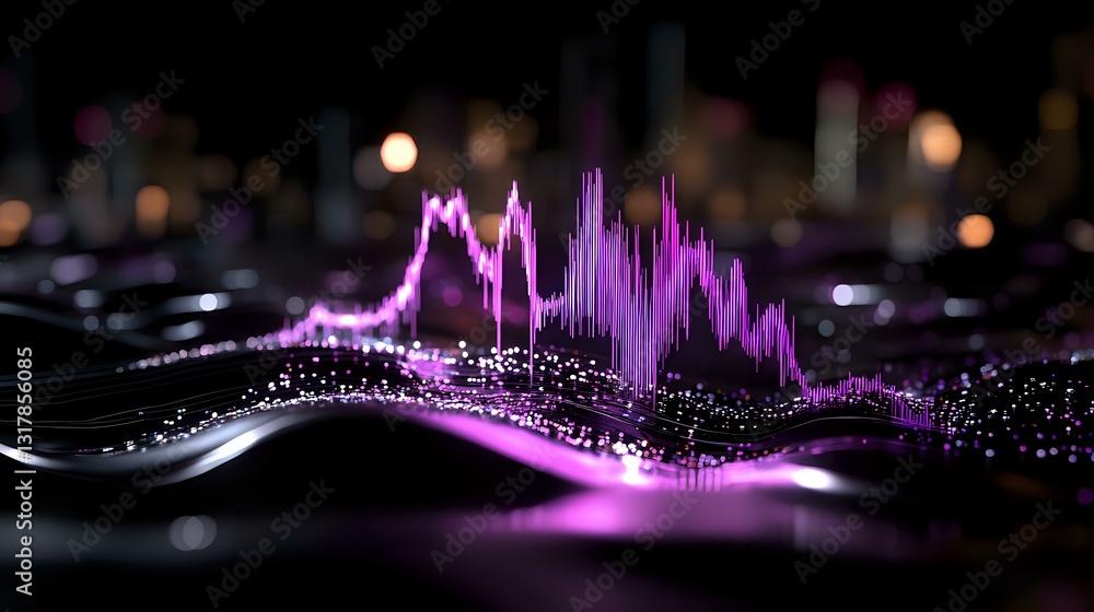 Poster glowing purple sound wave visualization with particle effects on dark background creates dynamic aud