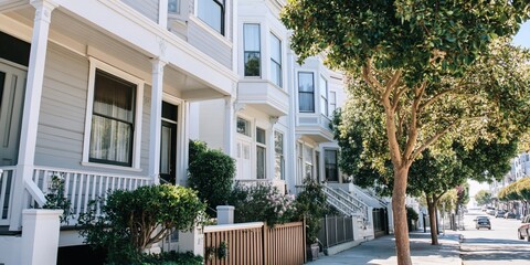 Fototapeta premium Sunny street, Victorian homes, tree-lined, residential area