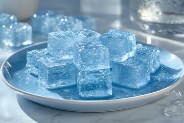 Clear blue ice cubes with crystalline structure on white ceramic plate, featuring melting surface texture and light reflections creating sparkle effect in cool tones.